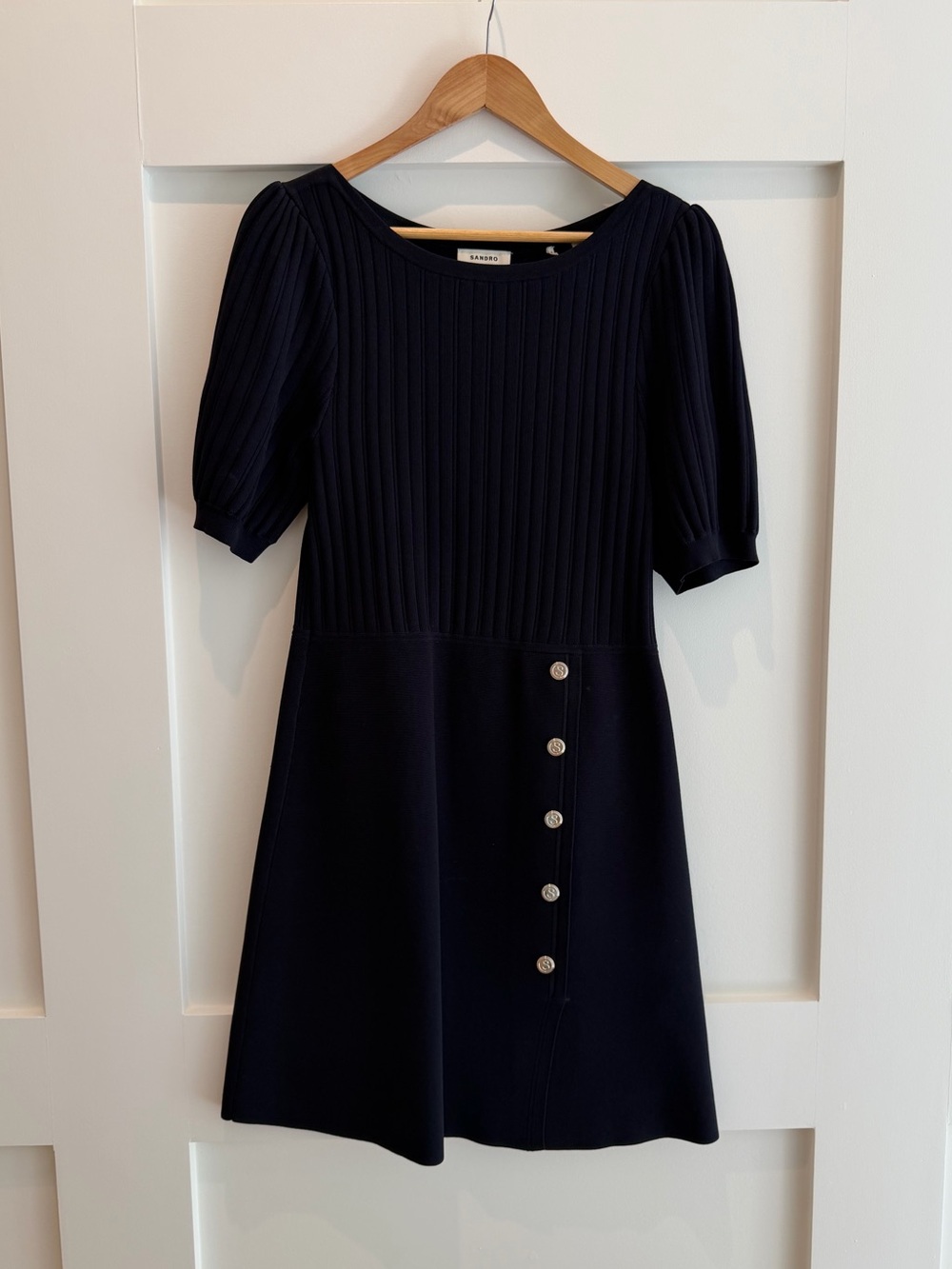 Sandro Navy Ribbed Puff Sleeve A-Line Dress w/ Gold Button Trim - size UK 40